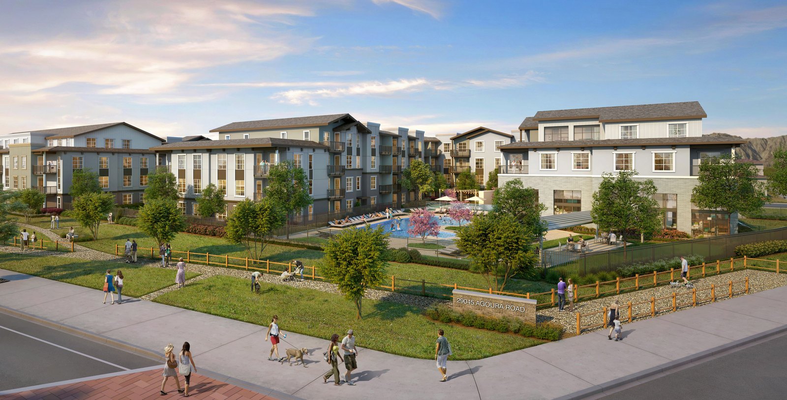 Architectural rendering of Bellamy Agoura, a 278-unit apartment development at 5045 Cornell Road